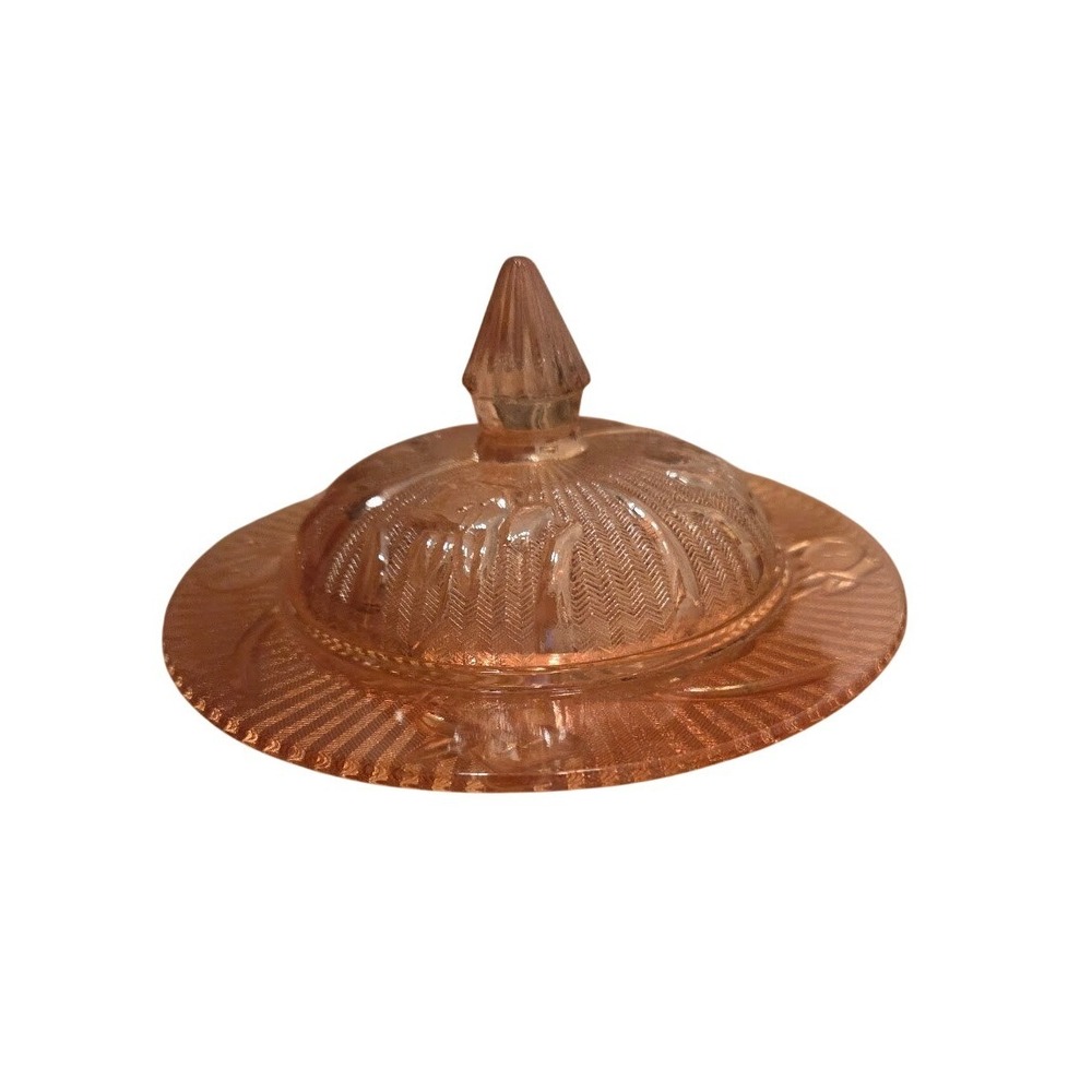 Jeannette Glass Co. IRIS & HERRINGBONE Iridescent Marigold Butter Dish w/Cover - Picture 5 of 7